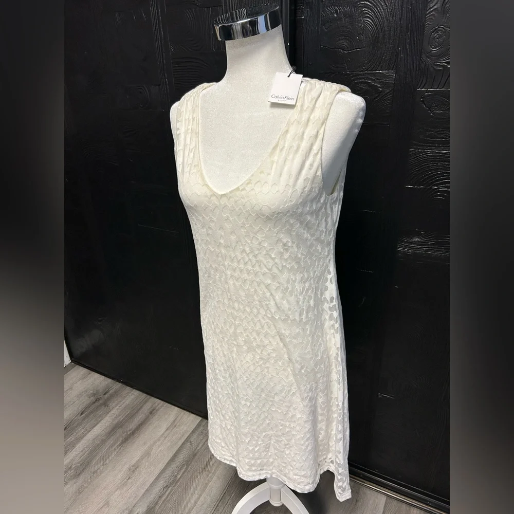 Calvin Klein NWT Burnout White Shift‎ Dress Size PL Beach Resort Vacation Summer - Picture 3 of 13